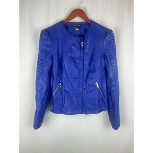 INC International Concepts Medium Jacket Faux Leather Blue Moto Biker Zip Pocket
